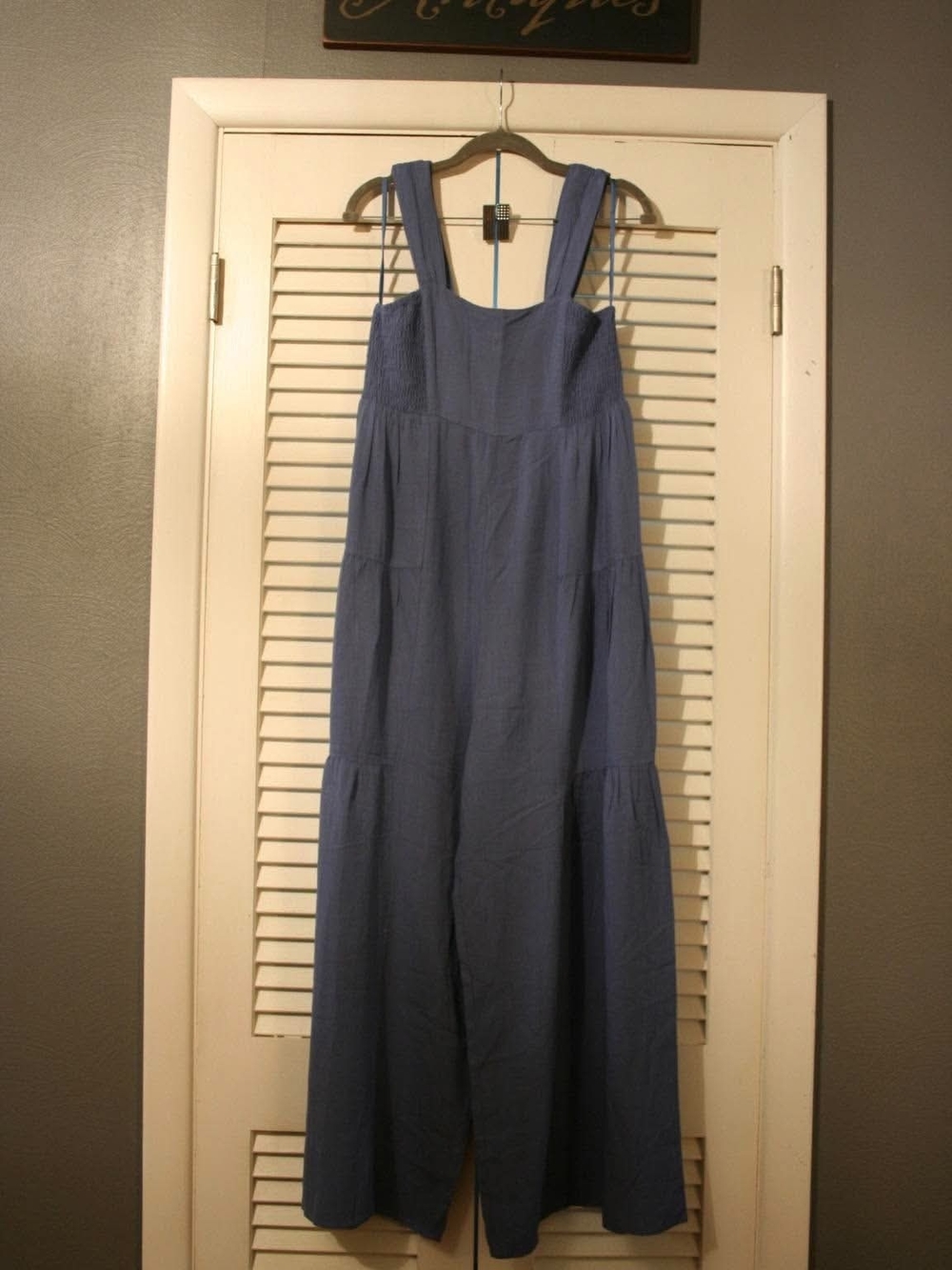 Very J Dusty Blue Wide-Leg Smocked Jumpsuit